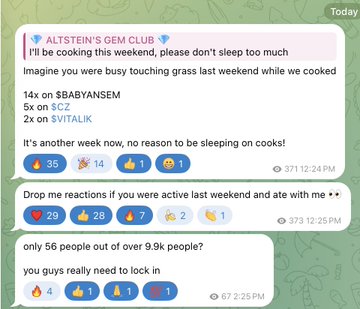 A Telegram chat screenshot from "ALSTEIN'S GEM CLUB" showing results of $BABYANSEM (14x), $CZ (5x), and $VITALIK (2x) calls, with member reactions of 35, 14, and 1 respectively, and a follow-up message noting only 56 of 9.9k people locked in their wins.