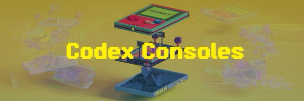 Promotional graphic featuring a pixel-art gaming console labeled "READY" exploding into floating layers that reveal hidden maps and worlds, with bold yellow text reading "Codex Consoles" against a yellow background. The image visually represents the post's description of the NFT collection's "multi-layered gaming console" concept that reveals hidden attributes within.