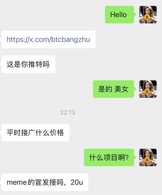 A Chinese WeChat conversation where a contact shares the X/Twitter profile "https://x.com/btcbangzhu" and discusses paid promotional posts for meme coin announcements at 20u, calling the user "美女" (beauty).