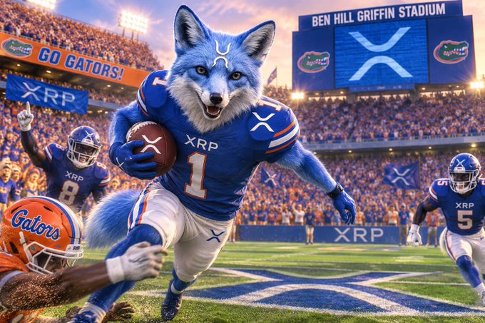 A digital illustration depicts an anthropomorphic wolf in a blue 'XRP' jersey carrying a football while running past opposing 'Gators' players in a stadium labeled 'BEN HILL GRIFFIN STADIUM' with 'GO GATORS!' and 'XRP' banners.