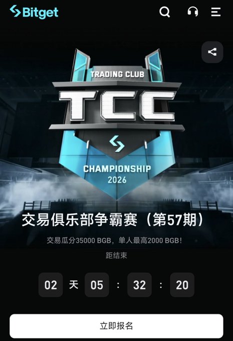 A Bitget app promotional screen for 'TCC TRADING CLUB CHAMPIONSHIP 2026' with Chinese text and a countdown timer showing '02 天 05:32:20' with a registration button.