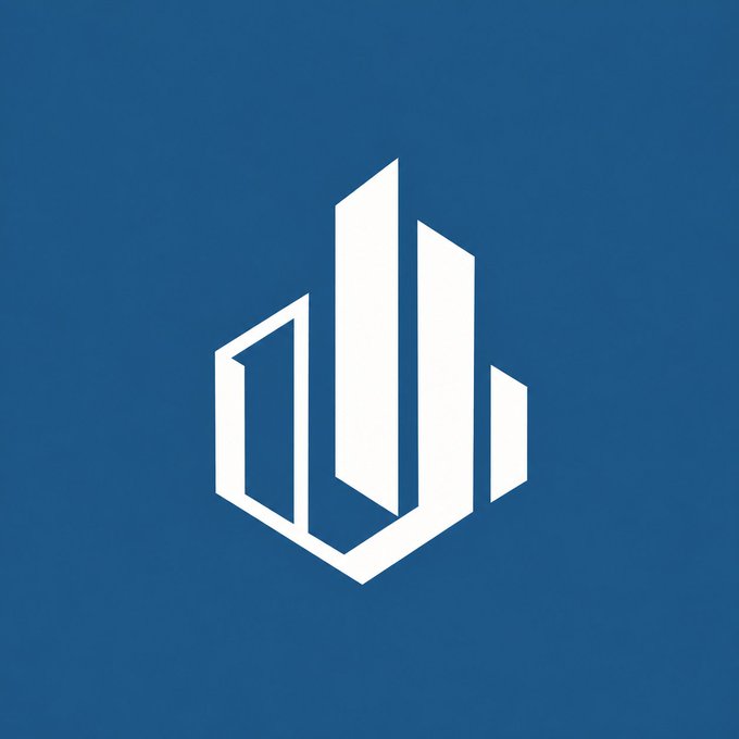 Logo featuring a stylized white geometric letter 'U' or building design on a blue background.