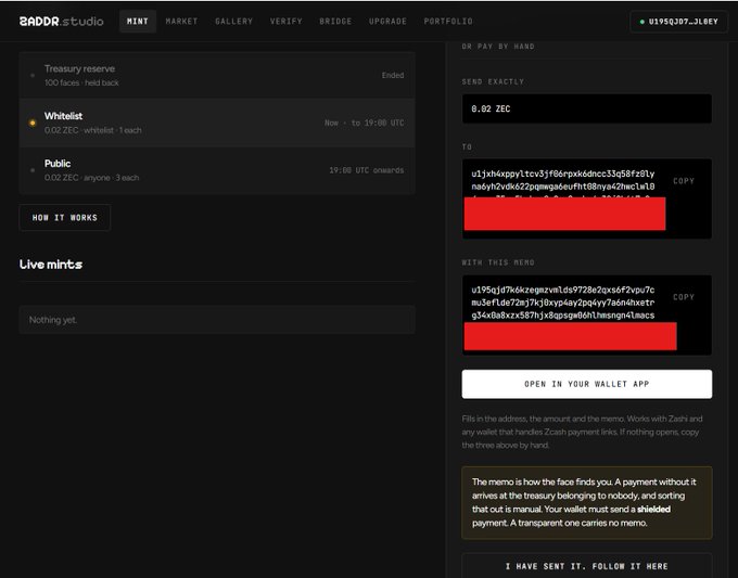Screenshot of ZADDR studio's Mint page showing a Whitelist mint option for 0.02 ZEC with a payment address (u1jsxhkeppy1tcv3jfj68rpxkk6dncc33q58fz81yna6yvh2vdk622punwgw6evifhf88ryac2hwcla10) and memo field requiring 'u195zjr7hhczspevmlxdy72l8z2pvs6f2xpu7tuafe0g69y9sy3ifybypkg0nojy0alvy7skn0watrg34xfba8xxr587hyjx8gspw86h1wsgnigklmacs' for a shielded payment.