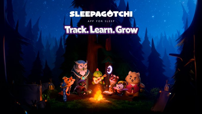 Promotional graphic for 'SLEEPAGOTCHI - APP FOR SLEEP' with tagline 'Track. Learn. Grow' showing animated animal characters gathered around a campfire at night.