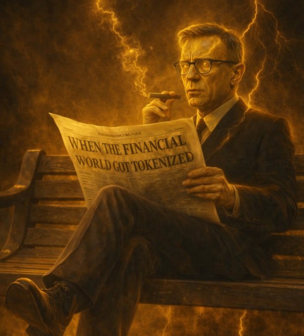 A sepia-toned illustration of a man in a suit sitting on a bench, smoking a cigar while reading a newspaper with the headline 'WHEN THE FINANCIAL WORLD GOT TOKENIZED', set against a backdrop of lightning.