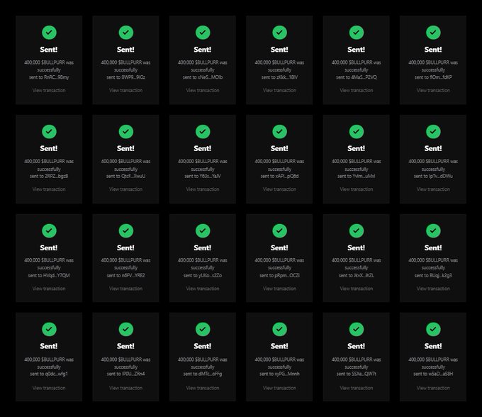A grid of 24 confirmation cards, each displaying a green checkmark and stating "400,000 $BULLPURR was successfully sent to" followed by different Solana (SOL) wallet addresses, visualizing the results of the airdrop where the first 500 wallets were distributed 400,000 $BULLPURR tokens each.