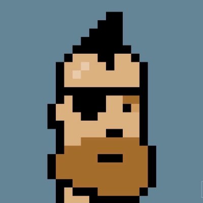 A minimalist 8-bit pixel art character with blonde hair and a brown beard stands against a blue background.
