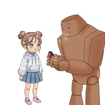 Illustration of a small girl with double buns and a blue hoodie standing next to a large wooden robot figure holding a red object.