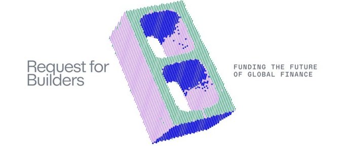 A stylized 3D graphic with "Request for Builders" on the left and "FUNDING THE FUTURE OF GLOBAL FINANCE" on the right, visually echoing the Base Ecosystem Fund's call for builders tackling real financial problems in stablecoins, tokenization, credit, and prediction markets.