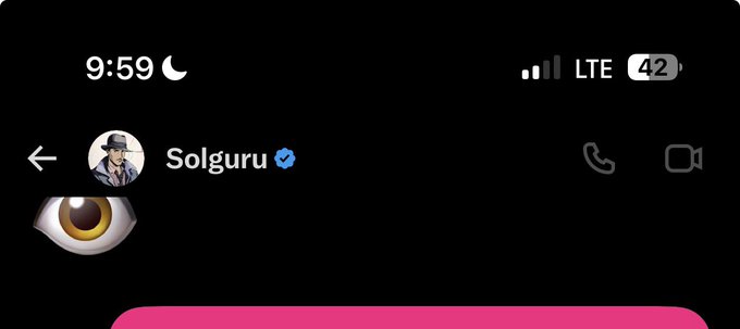 A screenshot of a Twitter/X DM conversation header showing a message from "Solguru" (verified account) at 9:59 PM, with the user expressing frustration about receiving a suspicious message and wanting to tag the @SolguruNFT account to notify them of potential scam activity. A cartoon eye emoji is visible below the header, suggesting the user opened the message cautiously.