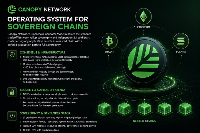 The image is a promotional graphic for Canopy Network, headlined "OPERATING SYSTEM FOR SOVEREIGN CHAINS," showcasing its Blockchain Incubator Model with logos for Bitcoin, Ethereum, and Solana connecting to nested chains, alongside feature highlights covering Consensus & Infrastructure (NextBFT, Modular sub-chains), Security & Capital Efficiency (SCNPY restaking), and Sovereignty & Developer Stack (LT graduation, native support for Go, TypeScript, Python, Kotlin, C#, AI scaffolding, 10,000+ TPS). It visually reinforces the post's message of resolving the sovereignty vs. L1 cold-start tradeoff by enabling applications to launch as nested chains with full interoperability across major blockchains.