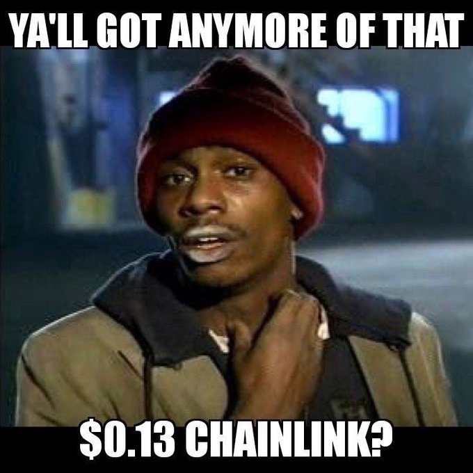 A meme featuring a still from a movie showing a man in a red beanie and tan jacket touching his throat, with white text overlaid reading 'YA'LL GOT ANYMORE OF THAT' at the top and '$0.13 CHAINLINK?' at the bottom.