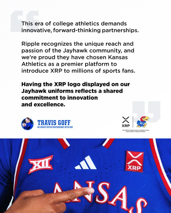 The image shows a Kansas Jayhawk uniform with an XRP logo patch, highlighting a partnership between Ripple and Kansas Athletics. This is relevant to the post discussing significant activity around $XRP.