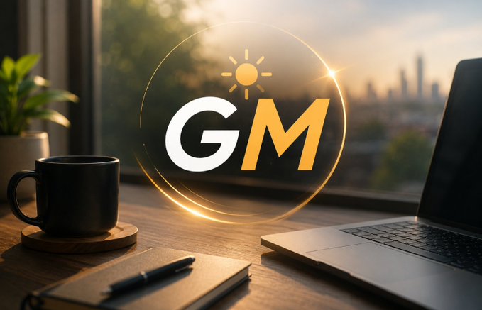 A promotional graphic featuring the letters 'GM' with a sun icon, set against a background of a desk with a laptop, coffee mug, and notebook overlooking a city skyline.