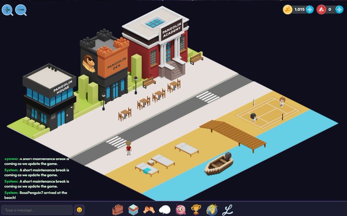 This is a promotional screenshot from the Loopia World game featuring the "Pangolin Academy" and "Pangolin DEX" buildings on an isometric blocky beach map, with a system message announcing "BossPangoli7 arrived at the beach!" and showing 1,015 in-game coins alongside a $PNG (Pangolin token) trophy icon in the bottom toolbar, illustrating the game's integration with the Pangolin crypto project mentioned in the post.