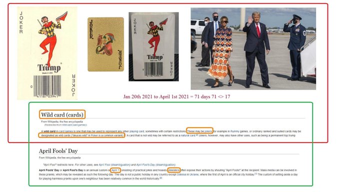 An informational graphic showing Trump-branded jokers playing cards next to a photo of Trump and a woman waving, with Wikipedia excerpts explaining that 'Wild card' and 'April Fools' Day' both derive from April 1st traditions.