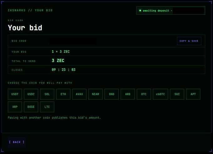 A dark-themed interface for 'ZKSNARKS // YOUR BID' showing a bid code setup for 1 x 3 ZEC (3 ZEC total), with a countdown timer and options to pay with various coins including USDT, USDC, SOL, ETH, AVAX, NEAR, BNB, ARB, BTC, cbBTC, SUI, APT, XRP, DOGE, and LTC.