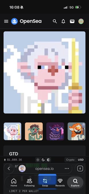 A mobile screenshot of the OpenSea app showing a pixel art NFT collection with a prominent wizard character holding a staff, along with an NFT priced at "$1,889.36" for the "GTD" collection.