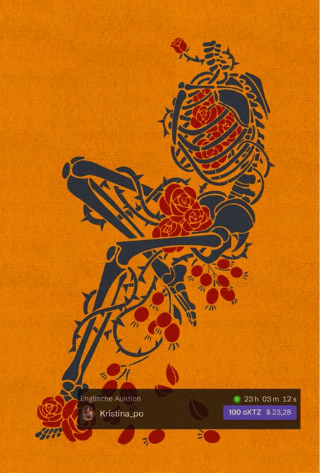 An orange background displays a stylized dark blue skeleton figure with exposed red ribs and roses, holding and surrounded by roses, with an overlay showing an active auction by user "Kristina_po" at "100 oXTZ ($23.28)" with "23h 03m 12s" remaining for an "Englische Auktion."