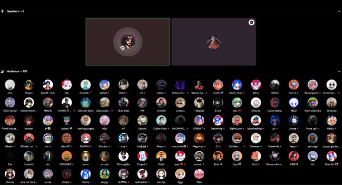 The image displays a screenshot from what appears to be a Discord or similar community platform interface, showing a voice channel with 2 speakers at the top and a large audience of 101 members displayed as circular profile avatars below. The top section shows "Speakers — 2" with two circular icons featuring character artwork, one highlighted with a green border indicating the active speaker, alongside a settings gear icon. Below this, the "Audience — 101" section presents a grid of approximately 100 colorful cartoon-style profile pictures featuring various anime characters, animals, and custom artwork with usernames like "Eternity," "Guraan," "xOcel," "Leliana," "Gay_Cat," "Fahim," "hringChef," "Lasky Rattley," "Rohit Wibawa," "HADI," "Rocbet," "Lahena," "nothing purged," "Kasata," "SkyrennW," "Crypt_Vizzy,"