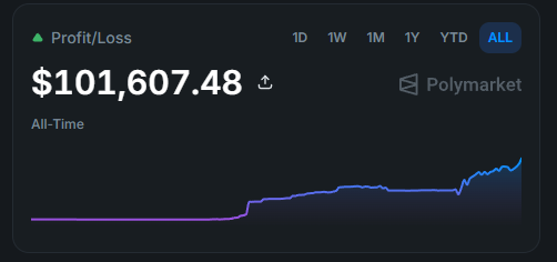 The image shows a screenshot of a dashboard that displays the current price of a cryptocurrency called Polymarket, along with the amount of profit (loss) made by an investor today. The dashboard also provides information about the trading strategy employed by this particular trader.