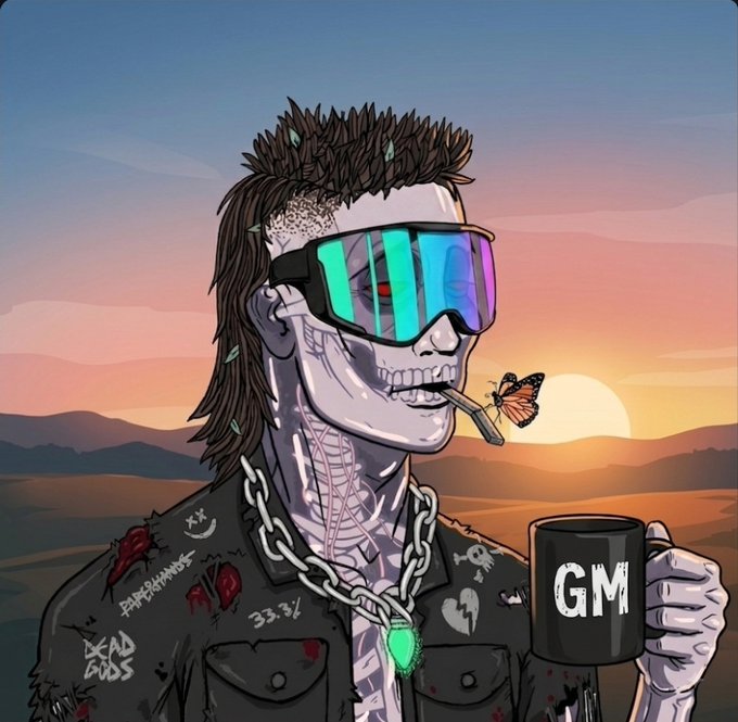 An NFT-style illustration of a cyberpunk skeleton character with sunglasses, smoking, and holding a 'GM' mug against a sunset background.
