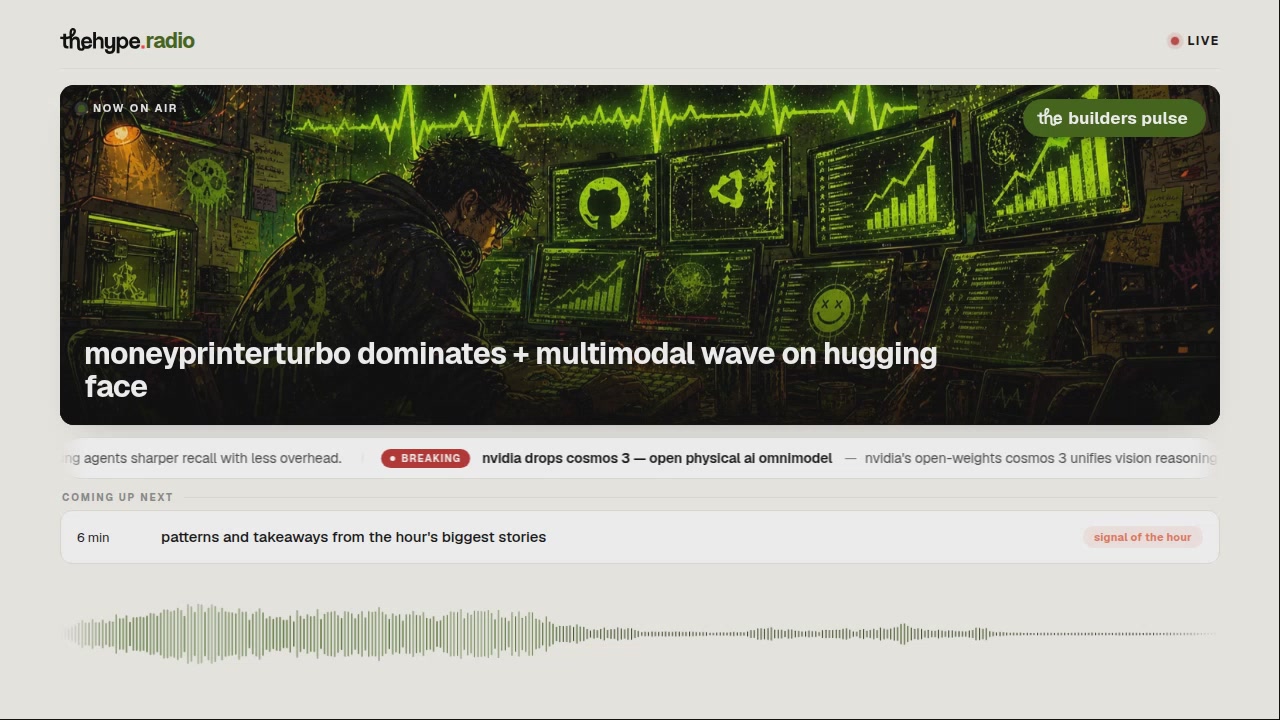 The image shows a screenshot of a webpage from the TypeRadio podcast called "MONEYPRINTERTROOM DOMINATES - MULTIMODAL WAVE ON HUGGING FACE" by Jensen Huang with an audio description that is in both English and Chinese. The podcast is about moneyprinter's, a type of computer-generated technology that can create a multimodal wave pattern or sound from a single data source without human input. It was made available on a YouTube video platform called TypeRadio at the start of the year 2020 with updates posted every 30 minutes. The podcast has since been available in both English and Chinese, allowing viewers to tune in from different countries or languages.