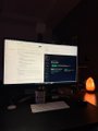 A computer monitor displaying code or data sits on a desk next to a glowing orange salt lamp.