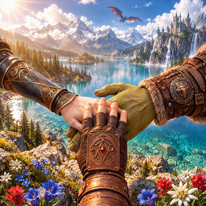 Three armored hands clasp together in unity, overlooking a breathtaking fantasy landscape of crystal-clear lakes, snow-capped mountains, a distant castle, and a soaring dragon, symbolizing the heroic alliance of the "Heroes of Valdir" NFT collection minting on the PvP Vibe platform.