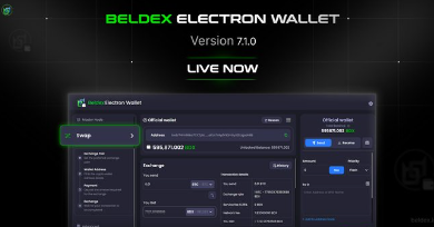 A dark-themed digital advertisement promotes 'BELDEX ELECTRON WALLET Version 7.1.0' with the text 'LIVE NOW', showing the wallet interface on both desktop and mobile.