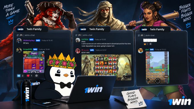 An advertisement for 1win gambling platform showing three pirate-themed slot games with promotional text 'MORE THAN A GAME', '1win Family', and 'BIGGER FIGHTS BIGGER WINS' alongside a penguin mascot with a crown.