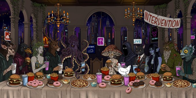 An illustrated scene depicts various monster and fantasy characters (including Cthulhu, vampires, and demons) gathered around a table filled with fast food like burgers, pizza, and donuts, with a banner reading 'INTERVENTION' hanging in the background.