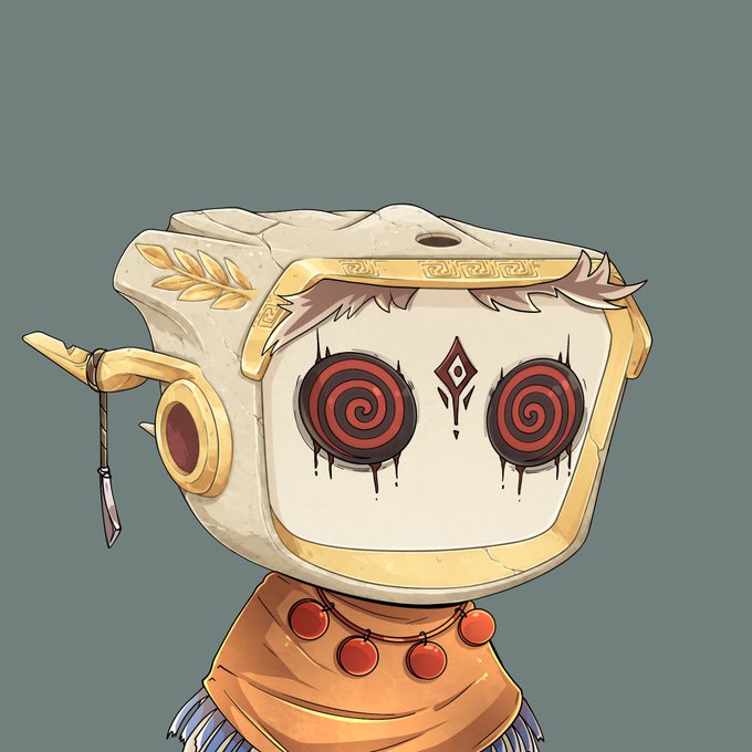 A digital illustration of a character wearing a boxy, white mask with red hypnotic spiral eyes, gold accents, and a single pink eye mark, dressed in an orange and red beaded outfit.