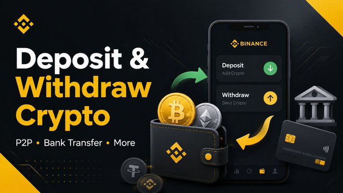 The image is a Binance promotional graphic titled "Deposit & Withdraw Crypto," highlighting features like P2P and Bank Transfer, and it visually supports the accompanying post by illustrating the process of moving funds in and out of a Binance account through a smartphone interface, cryptocurrency coins, a wallet, a bank icon, and a credit card.