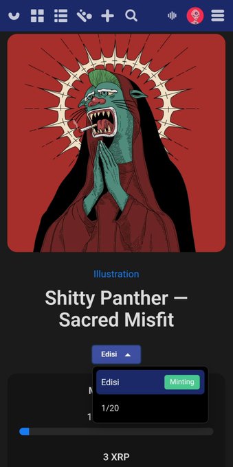 An NFT marketplace interface displays an illustration titled 'Shitty Panther — Sacred Misfit' by Edisi, with a 'Minting' button and a price of 3 XRP for edition 1/20.