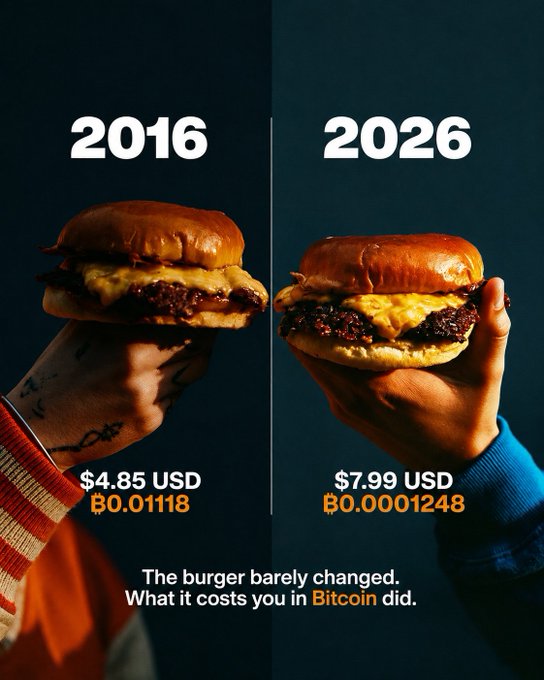 The image compares a burger priced at $4.85 USD (₿0.01118) in 2016 to $7.99 USD (₿0.0001248) in 2026, illustrating that while the burger barely changed, its cost in Bitcoin plummeted dramatically due to Bitcoin's appreciation.