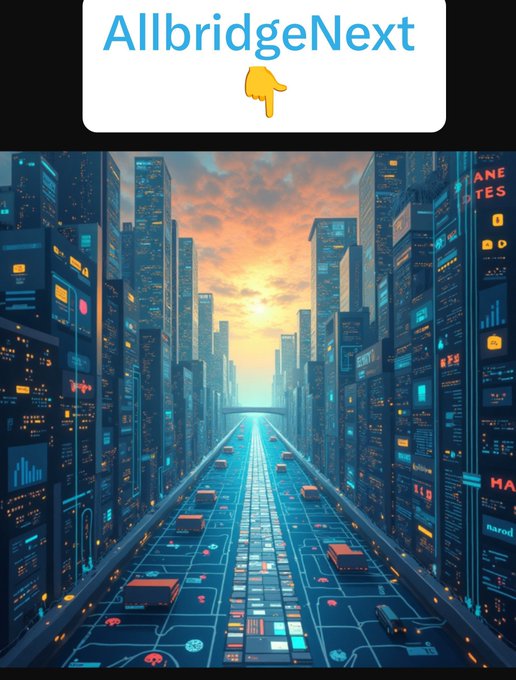 A futuristic cyberpunk cityscape illustration showing a digital circuit-board road with cars, topped by a white banner reading 'AllbridgeNext' with a pointing hand emoji.
