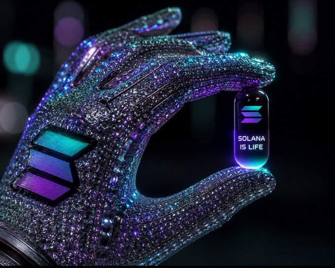 A gloved hand encrusted in dazzling purple and teal crystals holds up a glowing capsule labeled "SOLANA IS LIFE" alongside the Solana logo. The image embodies the post's message of total devotion to the Solana ecosystem, with the bejeweled gesture symbolizing the "live on Solana, be Solana" sentiment expressed in the accompanying text.