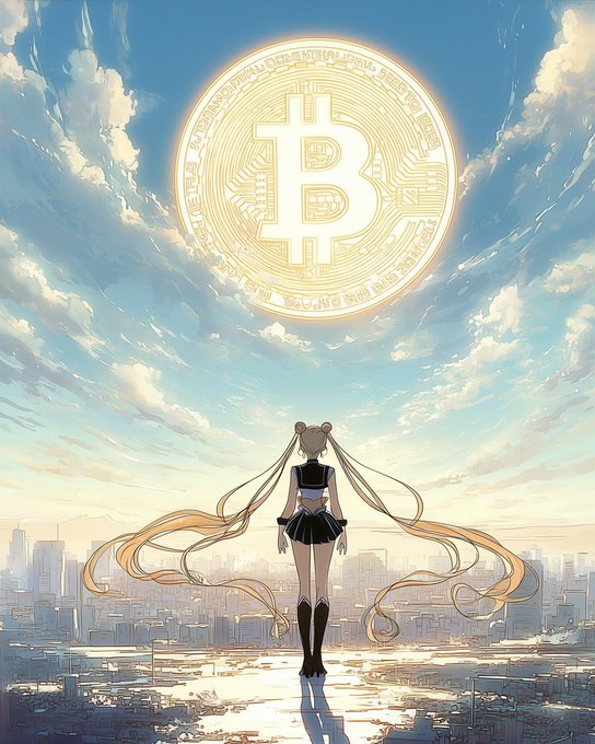 An anime-style illustration of a character with long flowing blonde twin-tails viewed from behind, gazing at a giant golden Bitcoin logo in the sky above a cityscape.