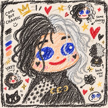 A colorful, chaotic hand-drawn doodle of a character with split black and white hair and large blue eyes, surrounded by hearts, stars, and the text 'COOL BUT CHAOTIC.'