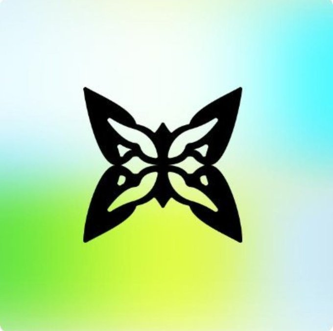 A symmetrical black tribal-style butterfly logo is centered against a soft gradient background of blue, green, and white.