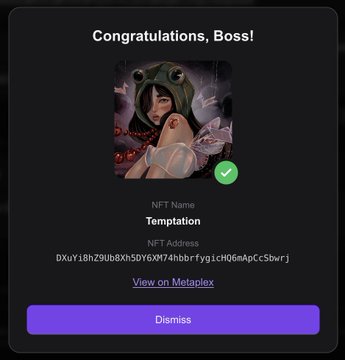 A digital confirmation screen displays 'Congratulations, Boss!' along with an anime-style NFT named 'Temptation' and its associated NFT address, featuring a 'View on Metaplex' link and 'Dismiss' button.