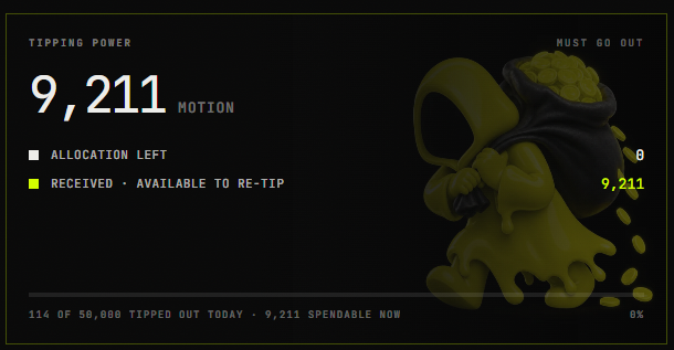 A digital dashboard displays 'TIPPING POWER' with a value of 9,211 'MOTION,' showing allocation and re-tip information alongside an illustration of a green creature holding a sack of coins.