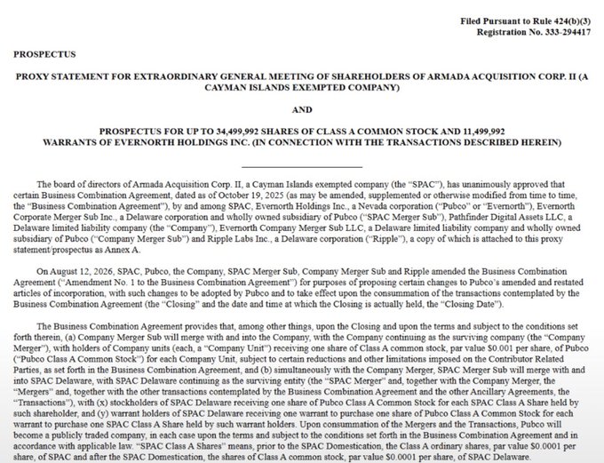 A SEC filing titled "PROSPECTUS" and "PROXY STATEMENT FOR EXTRAORDINARY GENERAL MEETING OF SHAREHOLDERS OF ARMADA ACQUISITION CORP. II" filed under Rule 424(b)(3) with Registration No. 333-294417, detailing a proposed business combination with Evernorth Holdings Inc. to list up to 34,499,992 Class A shares and 11,499,992 warrants on Pubco, explicitly naming Ripple Labs Inc. as a wholly owned subsidiary of Evernorth Company Merger Sub LLC. The prospectus confirms the post's announcement that Evernorth's filing with the SEC identifies Ripple Labs as a party to the Business Combination Agreement, advancing Evernorth's path to becoming a publicly traded company.