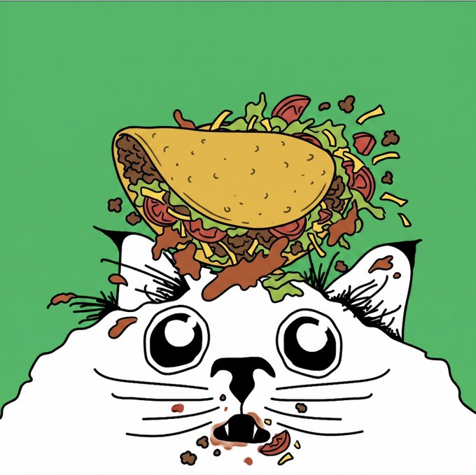 A cartoon illustration of a white cat with a taco balanced on its head, appearing to eat messily with toppings spilling out, set against a green background.
