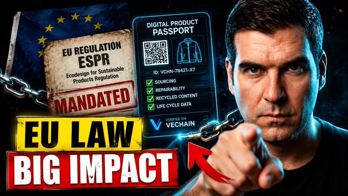 The image appears to be a YouTube thumbnail featuring a serious-looking man on the right, alongside graphics depicting an "EU Regulation ESPR - Ecodesign for Sustainable Products Regulation" marked "MANDATED," and a "Digital Product Passport" display with a VETchain-verified QR code showing sourcing, repairability, and lifecycle data. The bold text "EU LAW BIG IMPACT" along with a red arrow pointing toward the passport ties into the post's message that VET token holders should be aware of Europe's new mandate—which could boost demand for VeChain's blockchain-based product verification technology.
