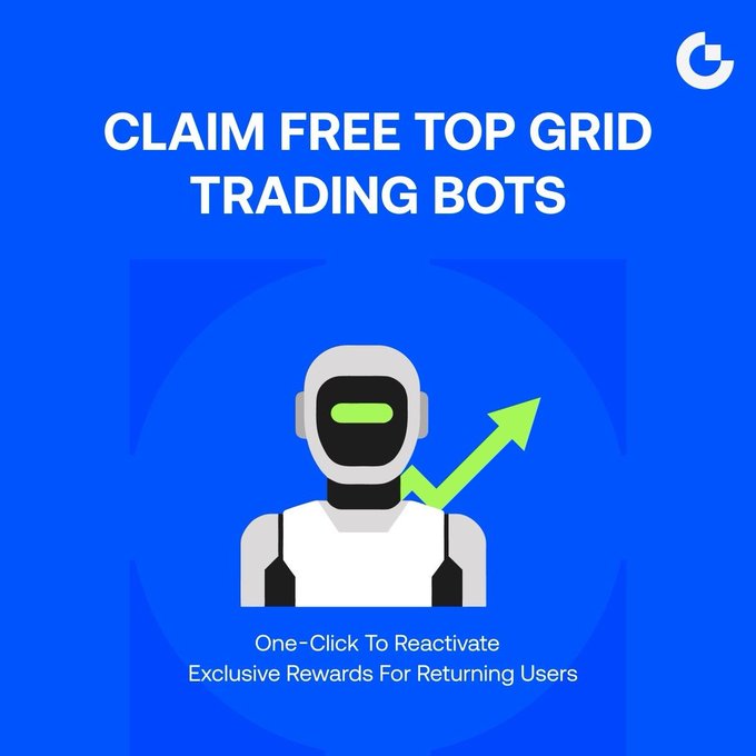 A bright blue promotional graphic featuring a robot icon with a green upward arrow displays the headline "CLAIM FREE TOP GRID TRADING BOTS" alongside the Gate.io logo, with text at the bottom reading "One-Click To Reactivate" and "Exclusive Rewards For Returning Users" — directly advertising the reactivation bonus and USDT trading rewards tied to Gate Futures Grid bots mentioned in the post.