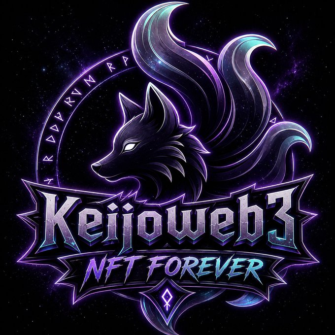 A mystical purple-hued logo featuring a stylized fox with multiple flowing tails, encircled by runic text and the bold inscription "Keiioweb3" above "NFT FOREVER," tying into the post's promotion of various NFT communities.