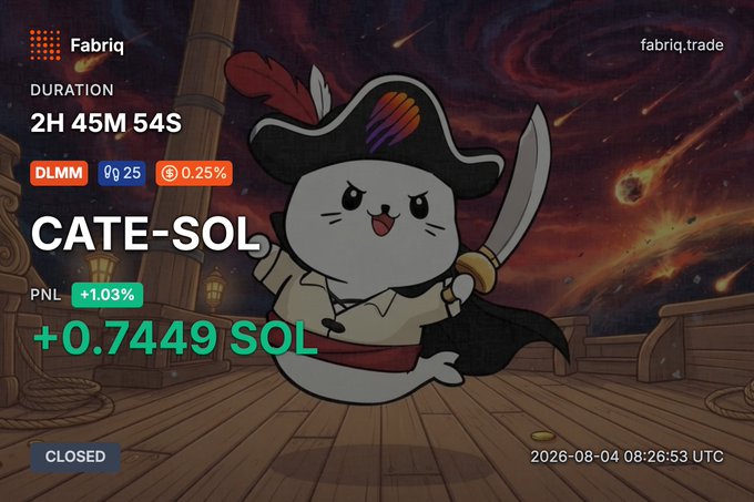 A Fabriq trading dashboard showing a closed DLMM position on CATE-SOL with a 2H 45M 54S duration, +1.03% PNL, and +0.7449 SOL gain as of 2026-08-04 08:26:53 UTC, featuring a cartoon pirate seal mascot.