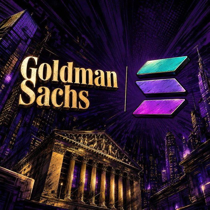 The image features a stylized illustration of the "Goldman Sachs" logo in gold lettering alongside the Solana ($SOL) cryptocurrency logo—displayed as three teal and purple angled bars—set against a dramatic dark backdrop of towering skyscrapers and a classical columned building. The visual ties directly to the post by highlighting Goldman's recent return to the top of the holder list for the $SOL ETF, illustrating the bank's role as a flexible custodian that scales its holdings based on client demand rather than internal conviction.